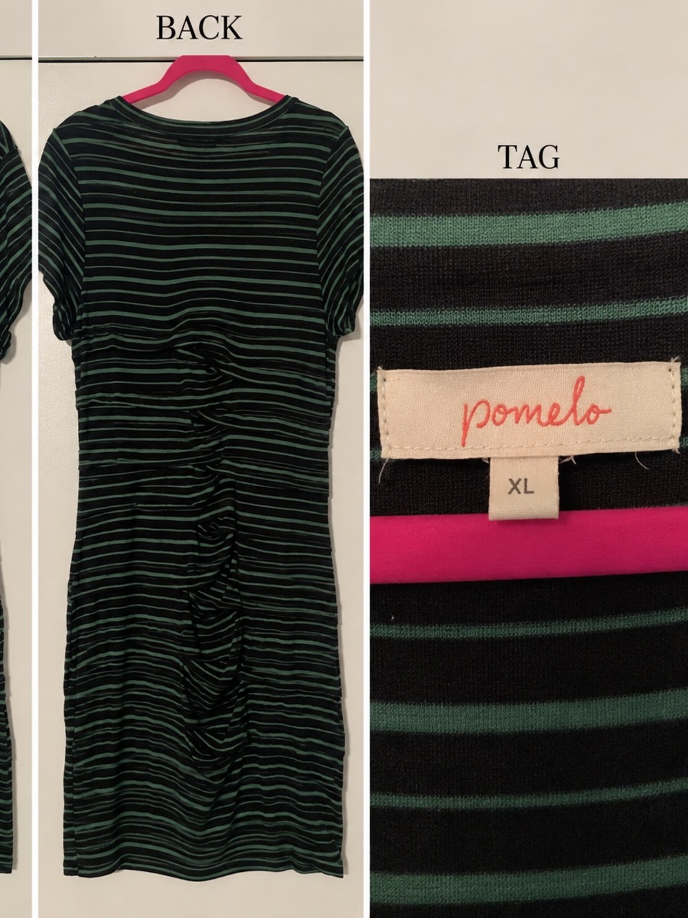 Pomelo Black Dress with Green Stripes — Ruched Midi Tee Dress